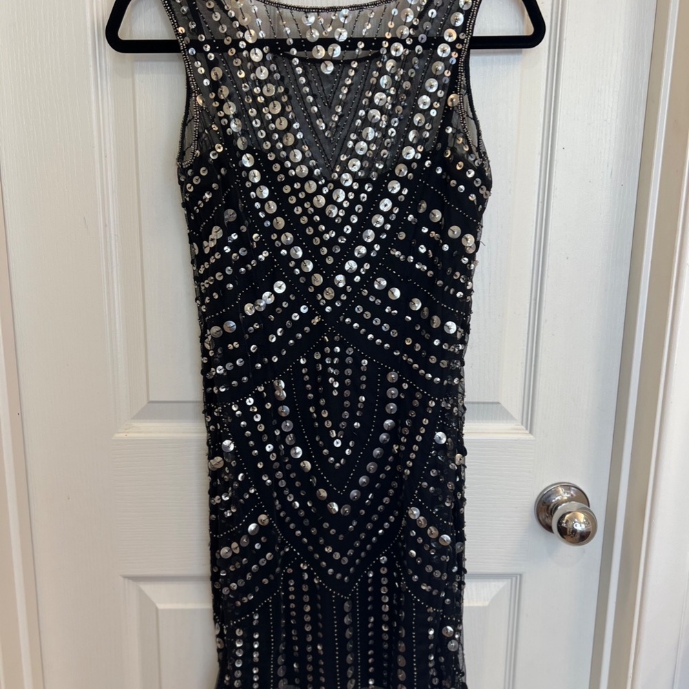 Aqua Sequin Cocktail Dress 20's Vibe Black Dress size 2